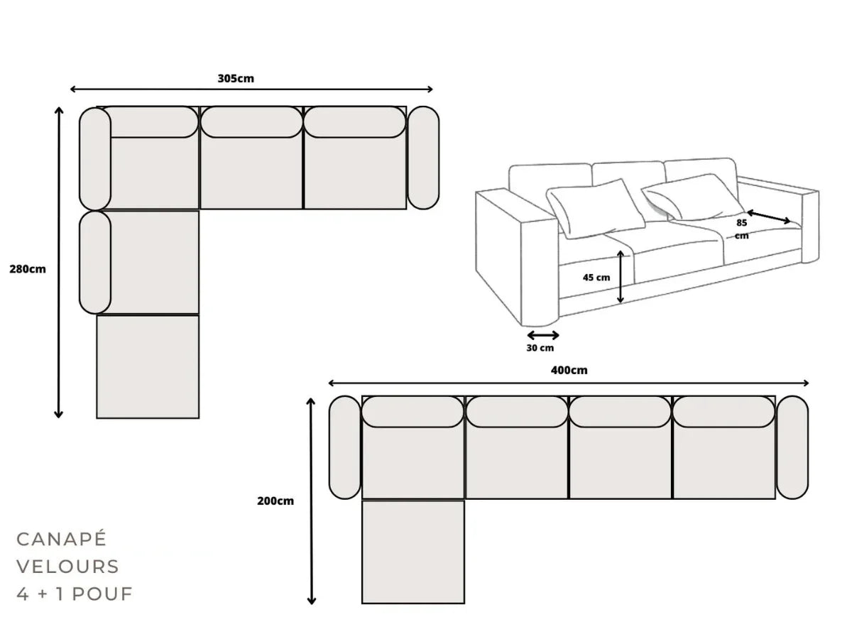 Canapé Modulable - Velours - 4 Places + 1 Pouf