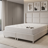 Lit Coffre RIO avec Matelas 30 cm & Surmatelas Intégré – Velours Anti-Tache Ecru