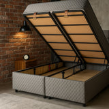 Lit Coffre Léon Gris en Lin avec Matelas Ressorts Ensachés 25 cm – 140x190 et 160x200