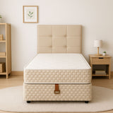 Lit Coffre Oslo 90x190 Beige Capitonné avec Matelas Ressorts Ensachés 25 cm – Confort et Praticité