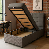 Lit Coffre Oslo 90x190 Gris Capitonné avec Matelas Ressorts Ensachés 25 cm – Confort et Praticité