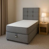 Lit Coffre Oslo 90x190 Gris Capitonné avec Matelas Ressorts Ensachés 25 cm – Confort et Praticité