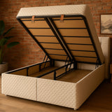 Lit Coffre Oslo Beige Capitonné avec Matelas Ressorts Ensachés 25 cm – 140x190 et 160x200