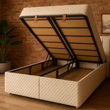 Lit Coffre Leon avec Rangement Intégré + Matelas Ressorts Ensachés 25 cm – Beige Lin – 140x190
