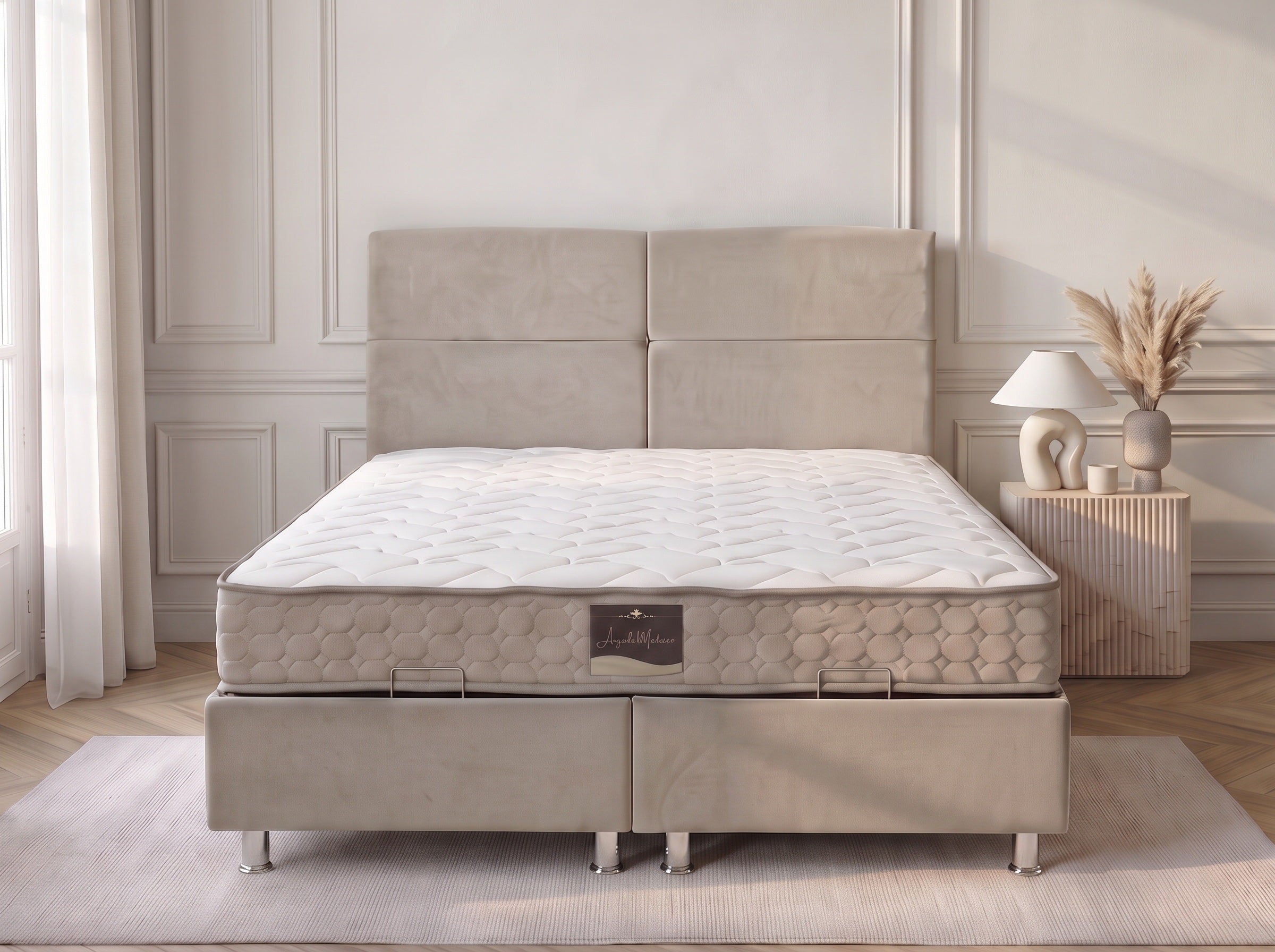 Pack Sydney – lit coffre en velours beige anti-tache avec matelas