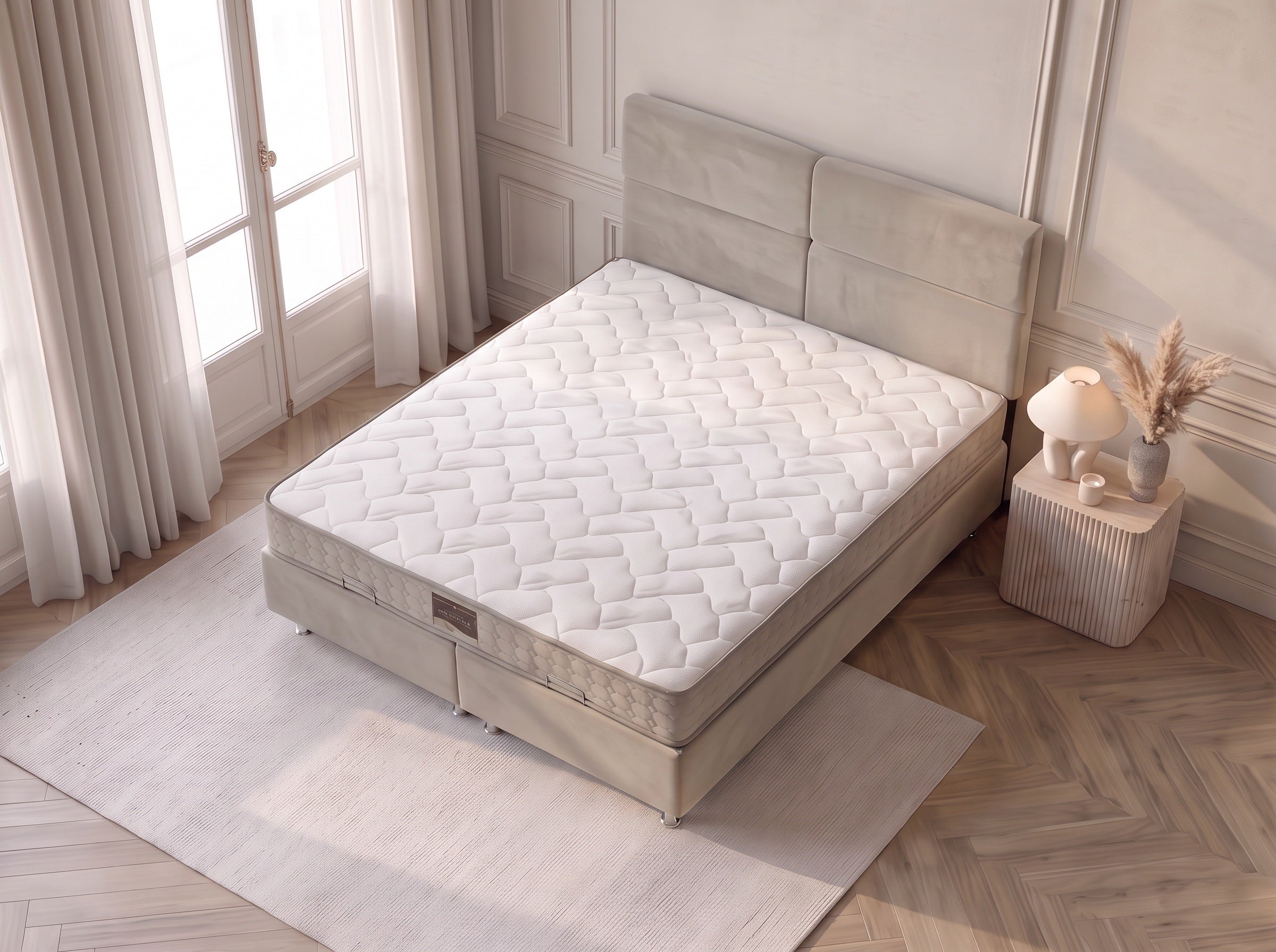 Pack Sydney – lit coffre en velours beige anti-tache avec matelas