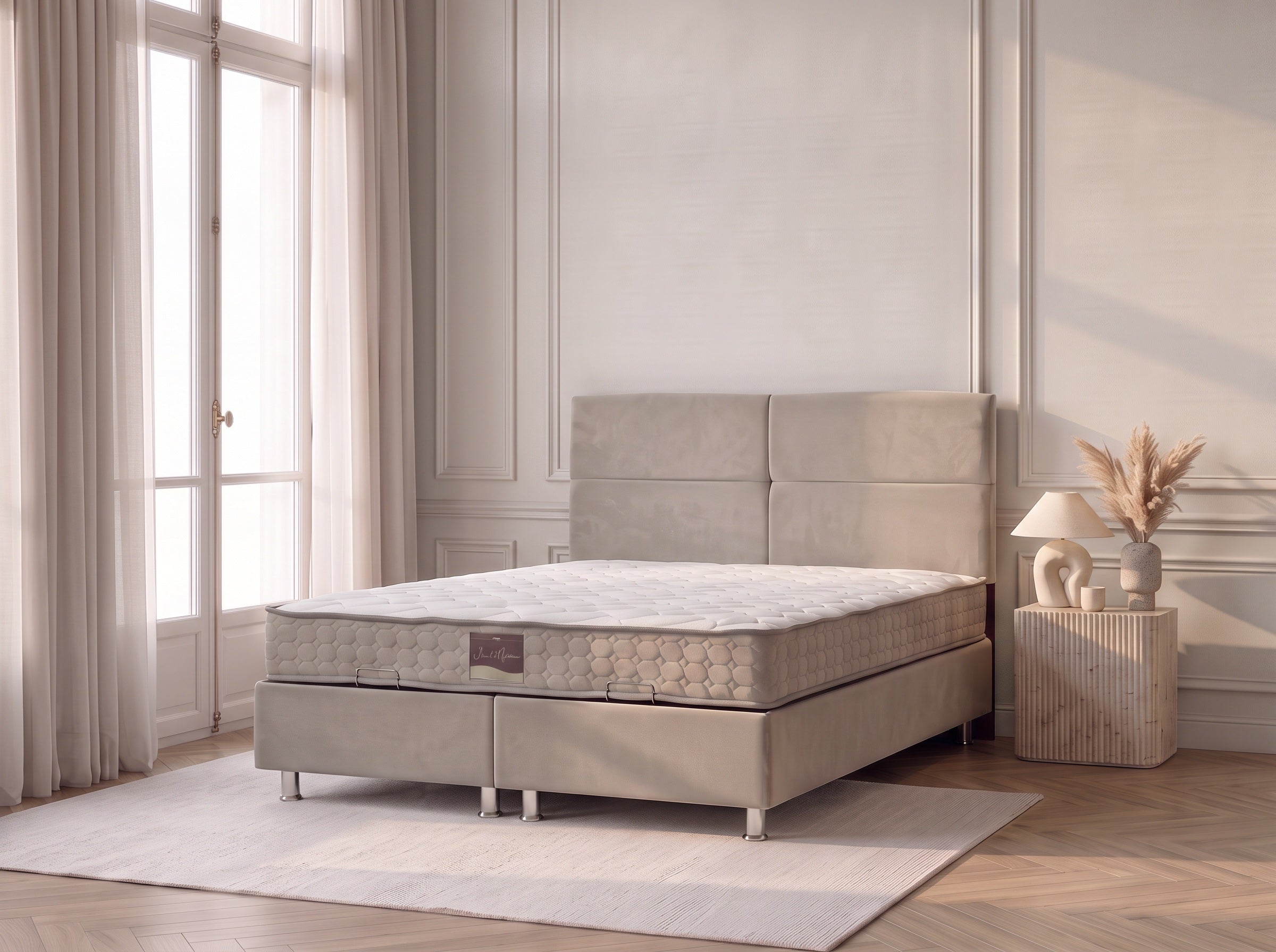 Pack Sydney – lit coffre en velours beige anti-tache avec matelas