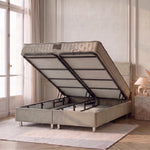 Pack Sydney – lit coffre ouvert en velours beige anti-tache avec matelas