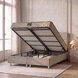 Pack Sydney – lit coffre ouvert en velours beige anti-tache avec matelas