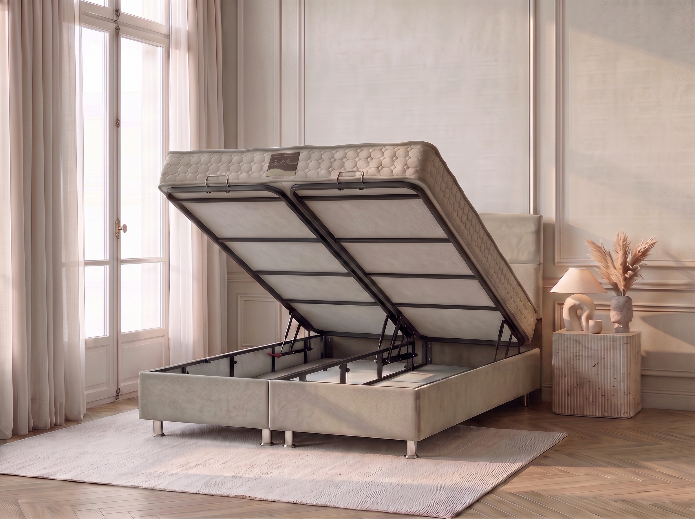 Pack Sydney – lit coffre ouvert en velours beige anti-tache avec matelas