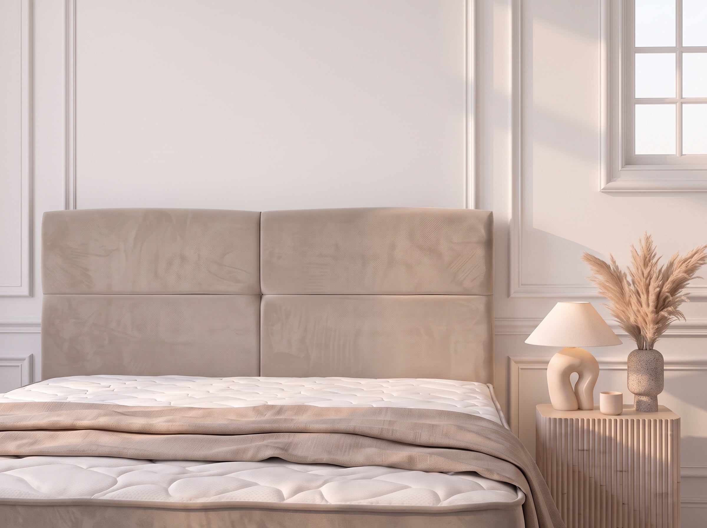 Pack Sydney – lit coffre en velours beige anti-tache avec matelas