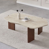 Table Basse Zora – Plateau Effet Travertin – Pied Noyer – 120 cm