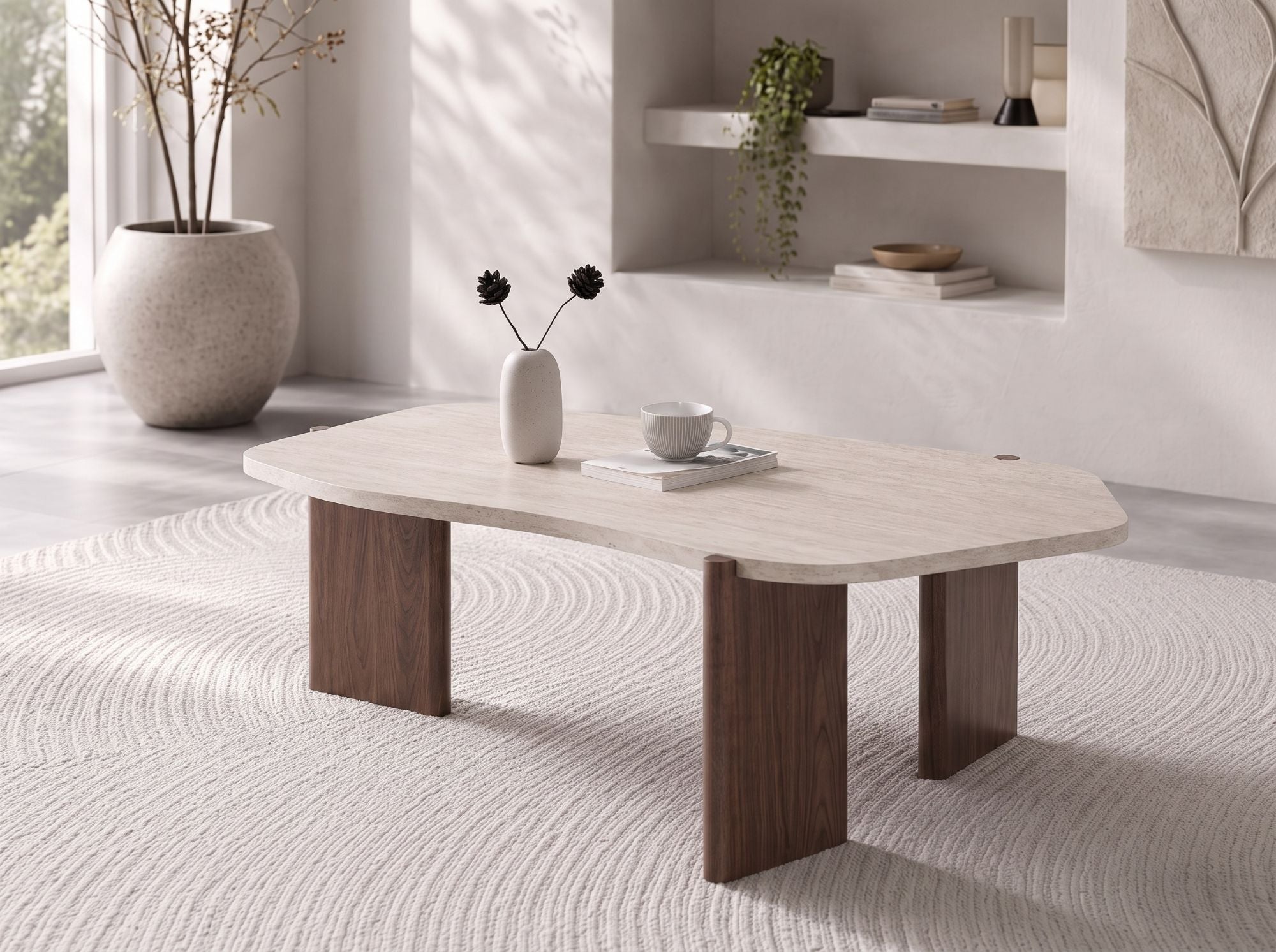 Table basse Zora plateau effet travertin et pieds noyer