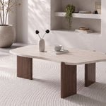 Table basse Zora plateau effet travertin et pieds noyer