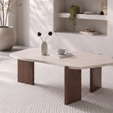 Table basse Zora plateau effet travertin et pieds noyer