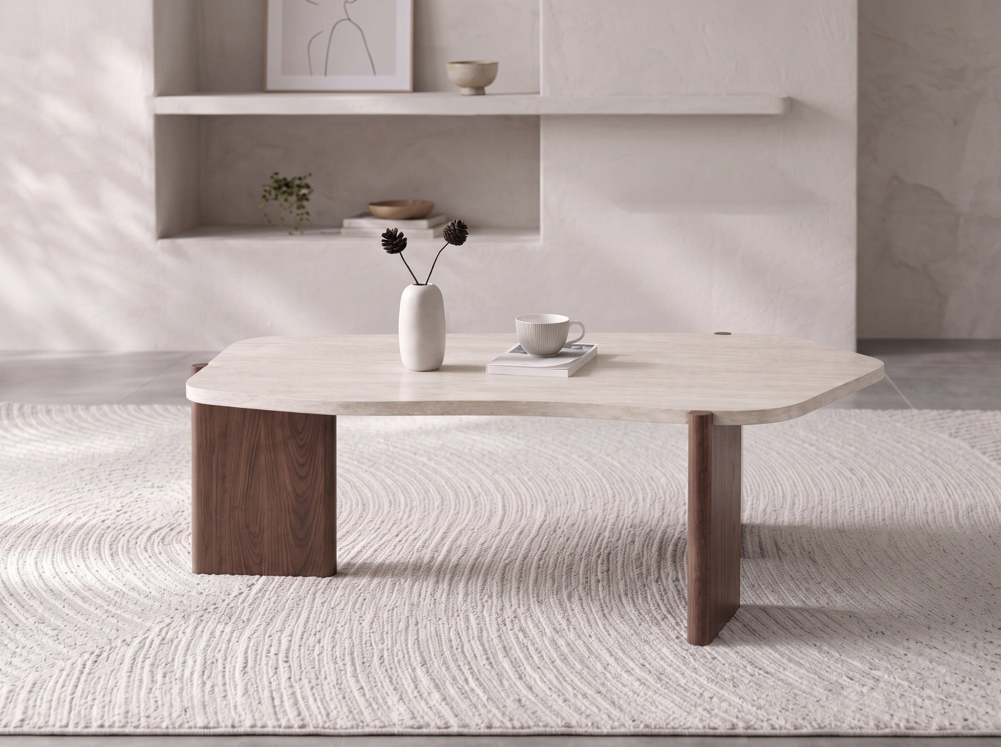 Table basse Zora plateau effet travertin et pieds noyer