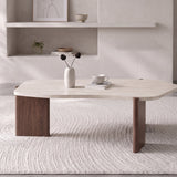 Table basse Zora plateau effet travertin et pieds noyer