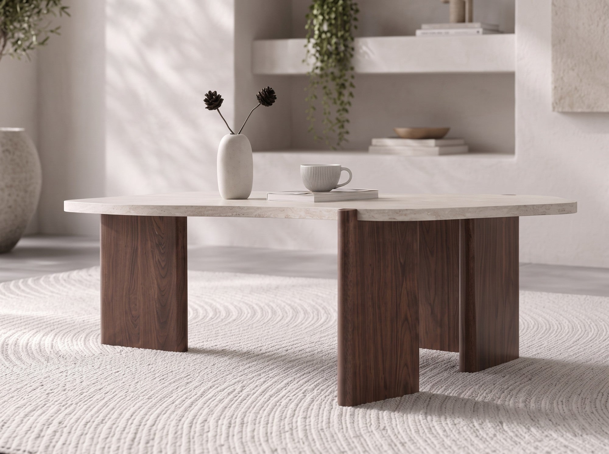 Table basse Zora plateau effet travertin et pieds noyer