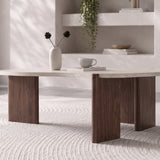 Table basse Zora plateau effet travertin et pieds noyer