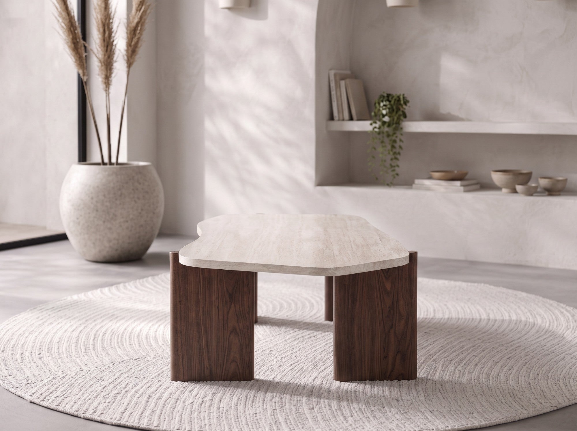 Table basse Zora plateau effet travertin et pieds noyer