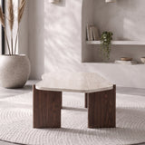 Table basse Zora plateau effet travertin et pieds noyer